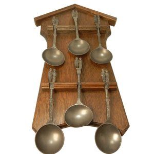 Vintage Dutch Pewter Wedding Spoon, solid wood display board Volendam Holland 6